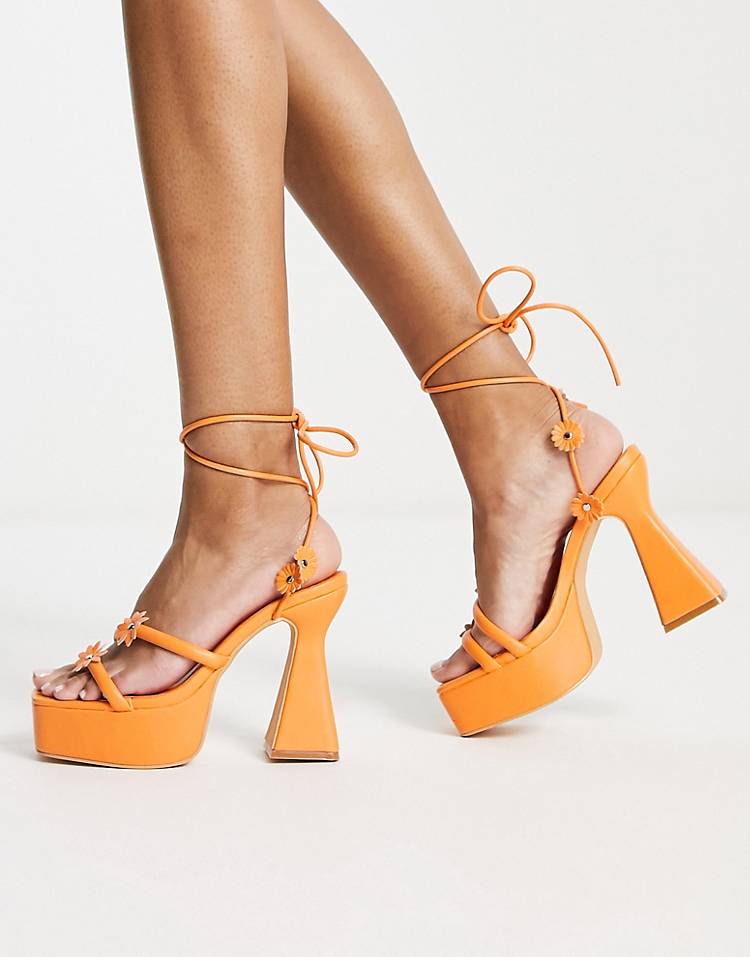 Daisy Street flower platform heeled sandals in orange